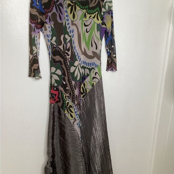 Viviana Gabeiras Long Sleeve Mesh Print Multicolor Silver Crinkle Maxi Dress XL - Picture 10 of 11